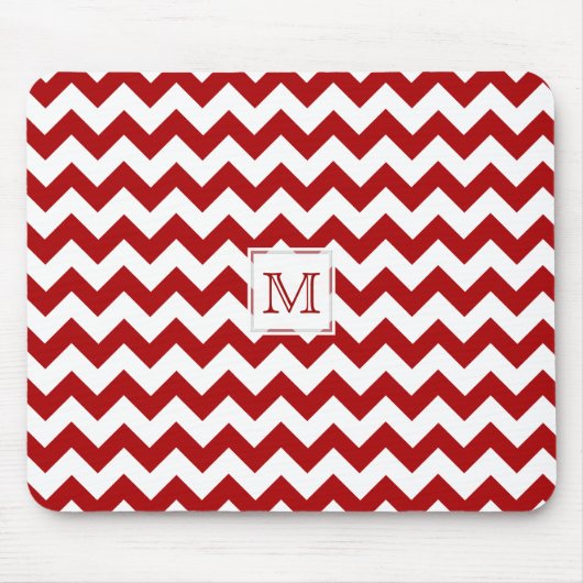 Monogram: Rood en wit Chevron Print Mousepad Muismat (Voorkant)