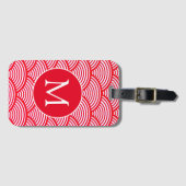 Monogram rood en wit Scallop Patroon Bagagelabel (Voorkant (horizontaal))
