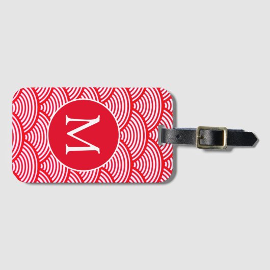 Monogram rood en wit Scallop Patroon Bagagelabel (Voorkant (horizontaal))