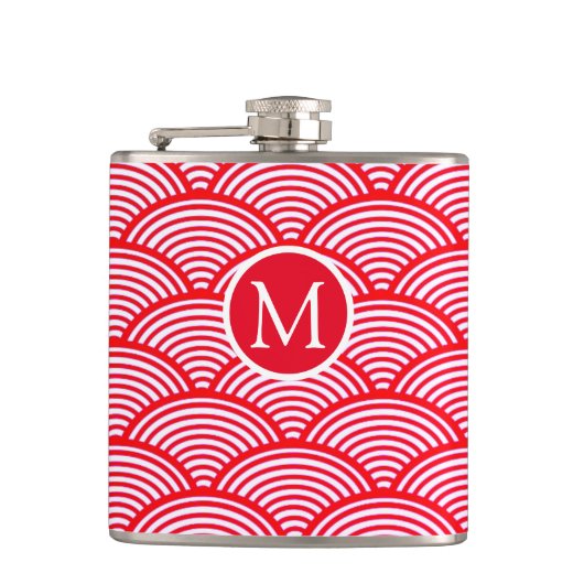 Monogram rood en wit Scallop Patroon Heupfles (Voorkant)