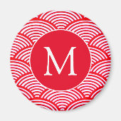 Monogram rood en wit Scallop Patroon Magneet (Voorkant)