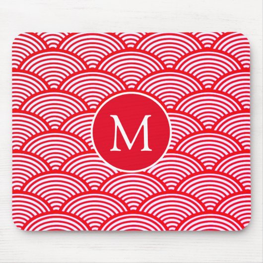 Monogram rood en wit Scallop Patroon Muismat (Voorkant)