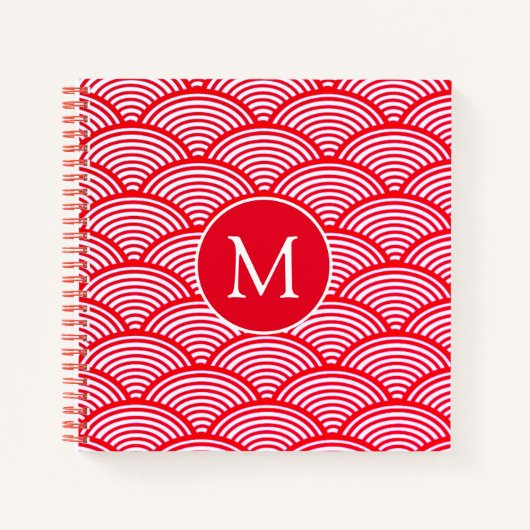 Monogram rood en wit Scallop Patroon Notitieboek (Voorkant)