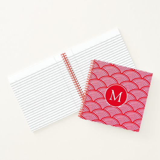 Monogram rood en wit Scallop Patroon Notitieboek (Binnen)