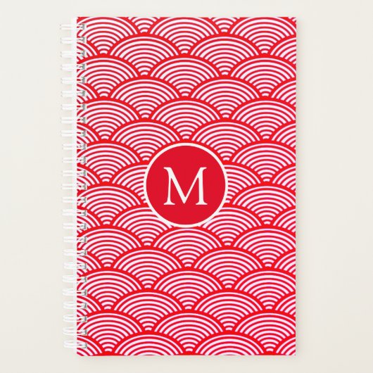 Monogram rood en wit Scallop Patroon Planner (Voorkant)