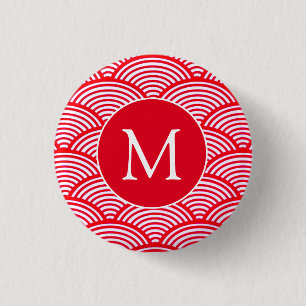 Monogram rood en wit Scallop Patroon Ronde Button 3,2 Cm