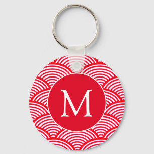 Monogram rood en wit Scallop Patroon Sleutelhanger