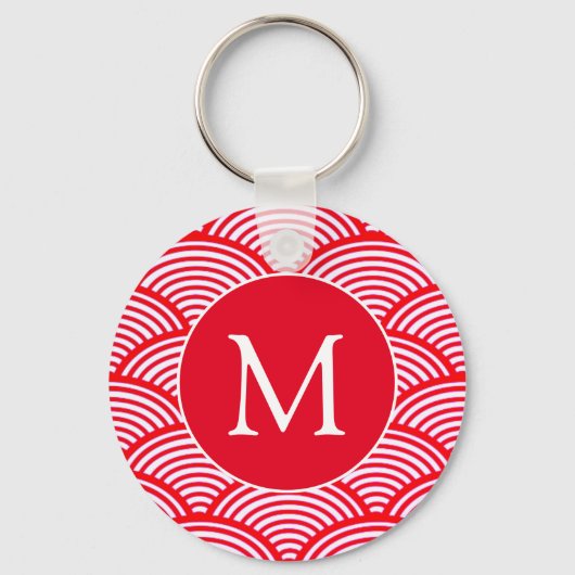 Monogram rood en wit Scallop Patroon Sleutelhanger (Voorkant)