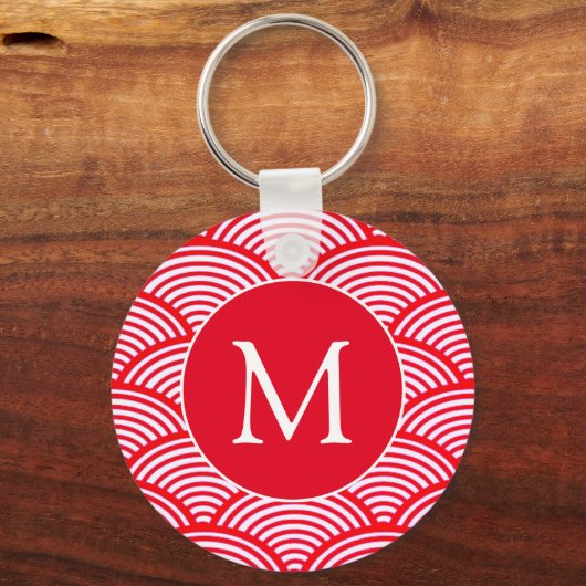 Monogram rood en wit Scallop Patroon Sleutelhanger (Achterkant)