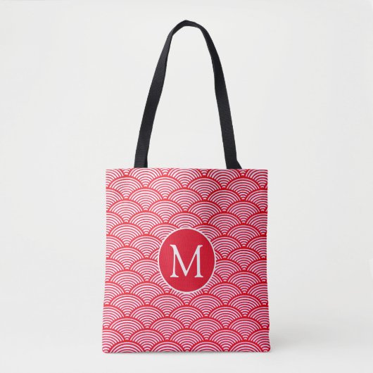 Monogram rood en wit Scallop Patroon Tote Bag (Voorkant)