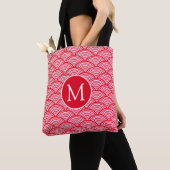 Monogram rood en wit Scallop Patroon Tote Bag (Dichtbij)