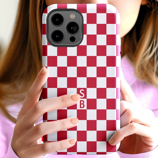 Monogram rood en wit schaakbordpatroon Case-Mate iPhone case