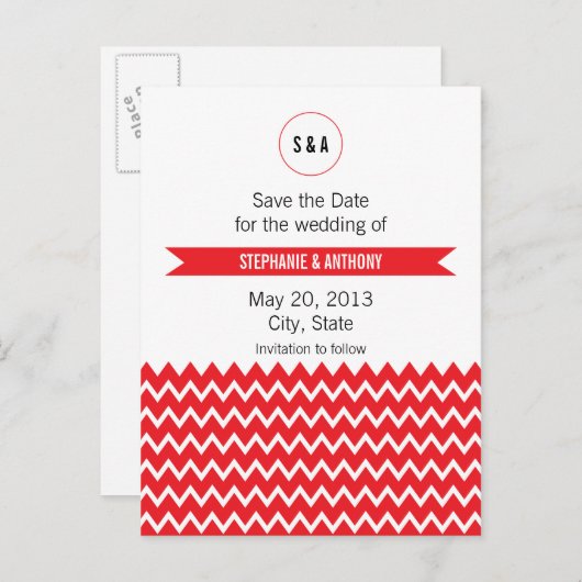Monogram Rood en Witte Chevron Pattern Wedding Aankondigingskaart (Voorkant / Achterkant)