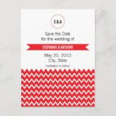 Monogram Rood en Witte Chevron Pattern Wedding Aankondigingskaart (Voorkant)
