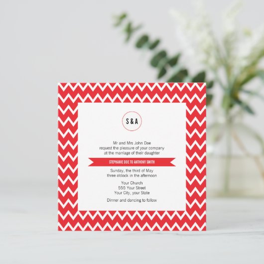 Monogram Rood en Witte Chevron Pattern Wedding Kaart (Staand voorkant)