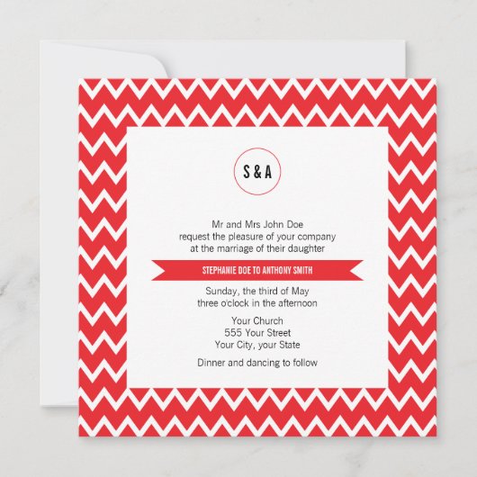 Monogram Rood en Witte Chevron Pattern Wedding Kaart (Voorkant)