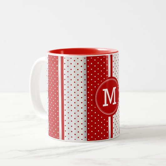 Monogram Rood- en Witte poka Dots Tweekleurige Koffiemok (Voorkant links)