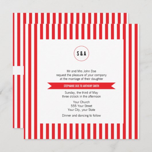 Monogram Rood en Witte Stripes Kaart (Voorkant / Achterkant)