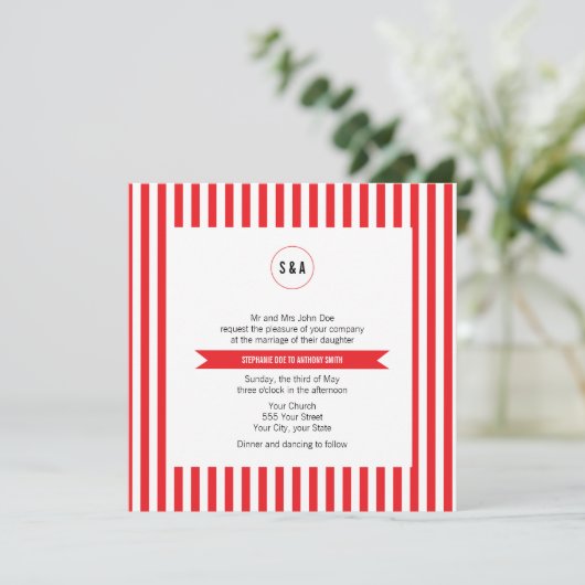 Monogram Rood en Witte Stripes Kaart (Staand voorkant)