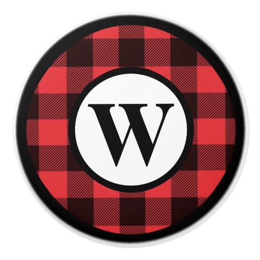 Monogram Rood en Zwart Buffalo Plaid  Keramische Knop (Voorkant)