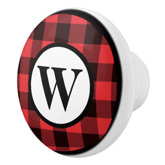 Monogram Rood en Zwart Buffalo Plaid Keramische Knop (Rechts)