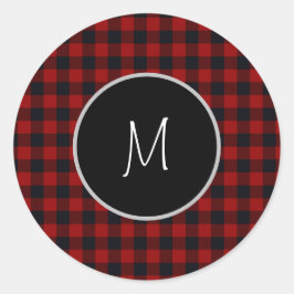 Monogram rood en zwart Buffalo Plaid Ronde Sticker