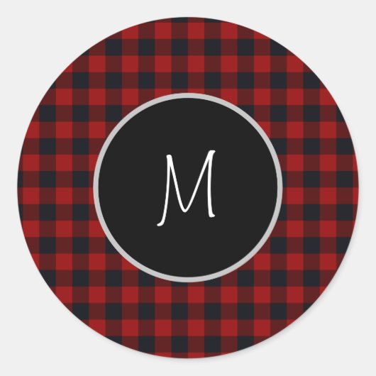 Monogram rood en zwart Buffalo Plaid Ronde Sticker (Voorkant)