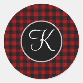 Monogram rood en zwart Buffalo Plaid Ronde Sticker
