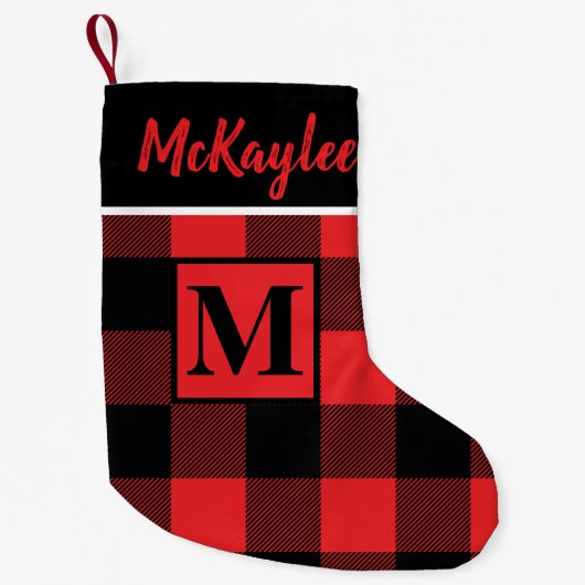 Monogram Rood en Zwart Buffel Plaid Gepersonalisee Kleine Kerstsok (Voorkant)