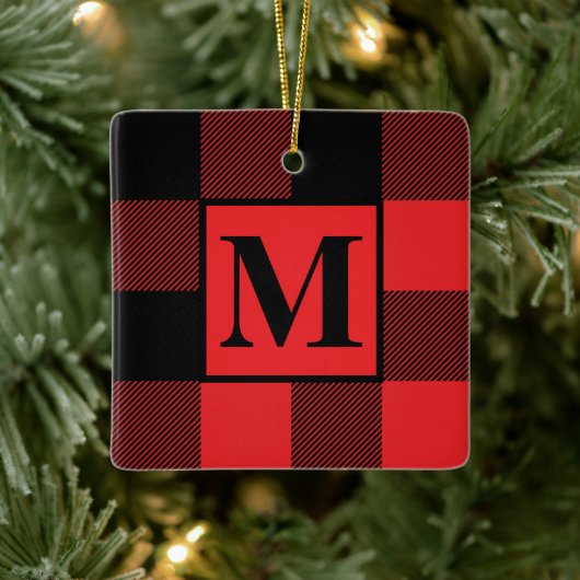 Monogram Rood en Zwarte Buffalo met kerstmis Keramisch Ornament (Boom)