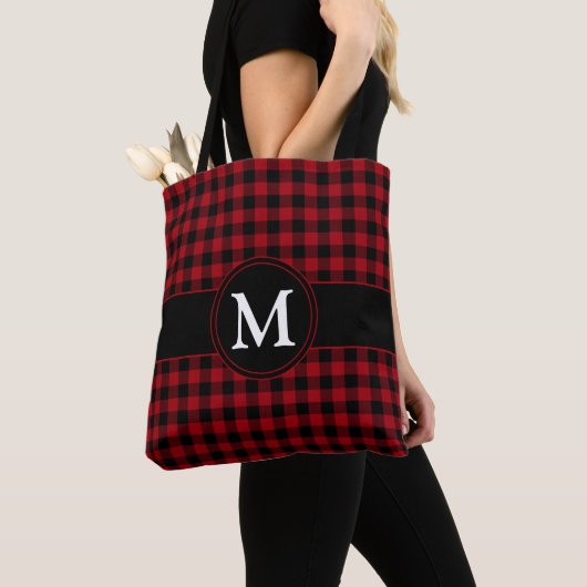 Monogram Rood Geruit Schotlandse Plaid Patroon Tote Bag (Dichtbij)