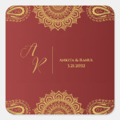 Monogram Rood Goud Mandala Indiase bruiloft Envelo Vierkante Sticker (Voorkant)