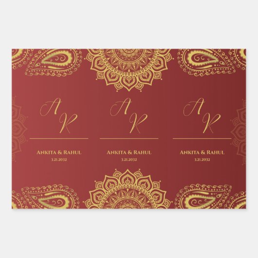 Monogram Rood Goud Mandala Indiase bruiloft Inpakpapier Vel (Voorkant 3)