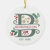 Monogram Rood, Groen, en Gouden Brief "B" met Naam Keramisch Ornament (Voorkant)