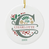 Monogram Rood, Groen, en Gouden Brief "C" met Naam Keramisch Ornament (Voorkant)