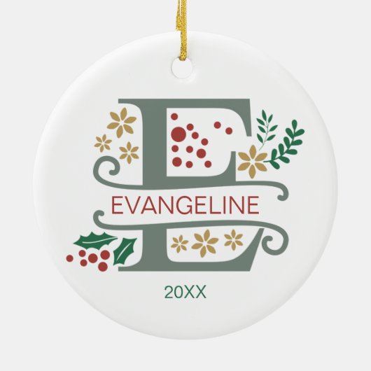 Monogram Rood, Groen, en Gouden Brief "E" met Naam Keramisch Ornament (Achterkant)