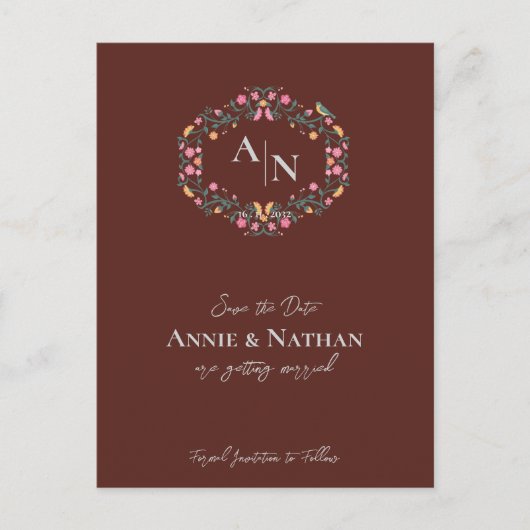 Monogram Rood Intrigerend Floral Design Lijst Wedd Aankondigingskaart (Voorkant)