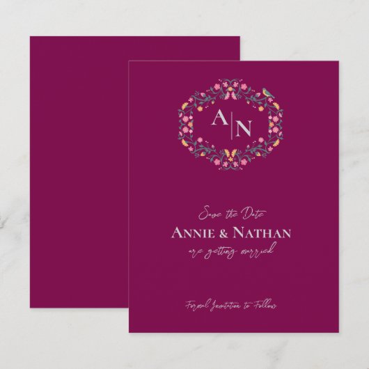 Monogram Rood Intrinsieke Floral Lijst Wedding Aankondiging (Voorkant / Achterkant)