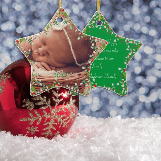 Monogram Rood Kerstmis Groene foto Klassiek Keramisch Ornament