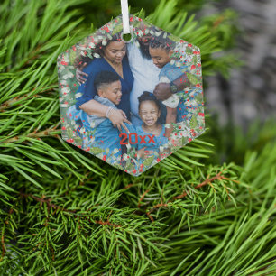 Monogram Rood Kerstmis Groene foto Klassieke Ronde Glas Ornament