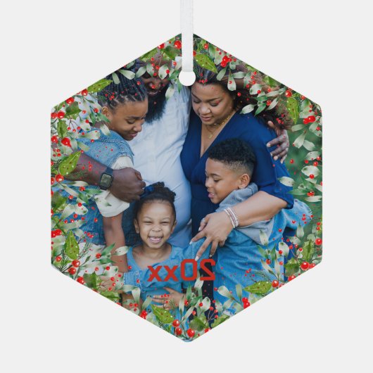 Monogram Rood Kerstmis Groene foto Klassieke Ronde Glas Ornament (Achterkant)