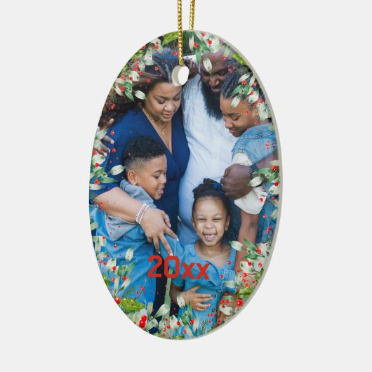 Monogram Rood Kerstmis Groene foto Klassieke Ronde Keramisch Ornament (Links)