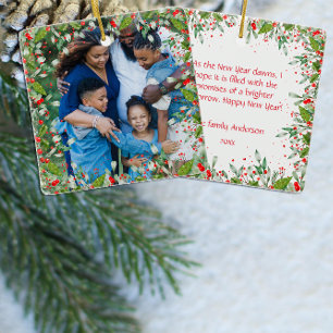 Monogram Rood Kerstmis Groene foto Klassieke Ronde Keramisch Ornament