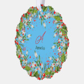 Monogram Rood Kerstmis hemelsblauw Klassieke Ronde Ornament Kaart (Links)