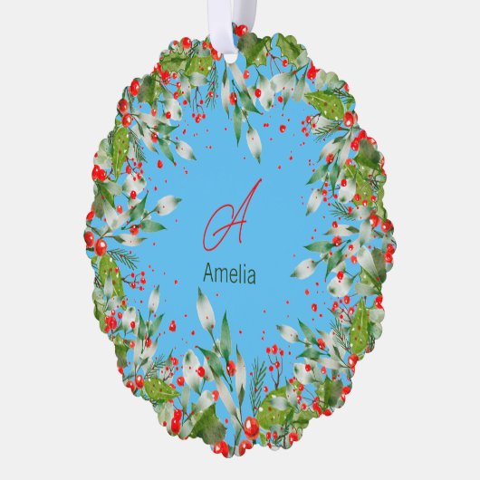 Monogram Rood Kerstmis hemelsblauw Klassieke Ronde Ornament Kaart (Links)