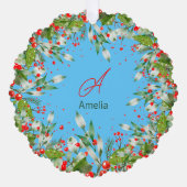 Monogram Rood Kerstmis hemelsblauw Klassieke Ronde Ornament Kaart (Voorkant)