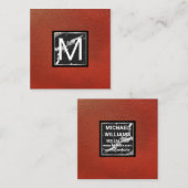 Monogram | Rood leder | Marmer Metal Trim Vierkante Visitekaartje (Voorkant / Achterkant)