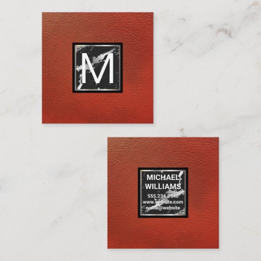 Monogram | Rood leder | Marmer Metal Trim Vierkante Visitekaartje (Voorkant / Achterkant)
