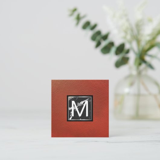 Monogram | Rood leder | Marmer Metal Trim Vierkante Visitekaartje (Staand voorkant)