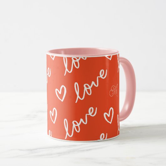 Monogram rood liefde hart patroon mok (Voorkant rechts)